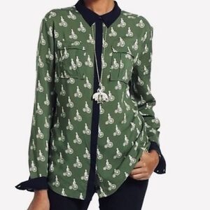 Anthropologie Maeve Green Bicycle Pattern Long-sleeved Blouse